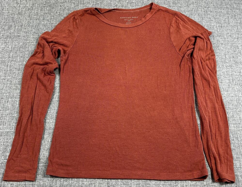 American Eagle Soft & Sexy Ribbed Top Women's S Rust Puff Sleeve Long Sleeve